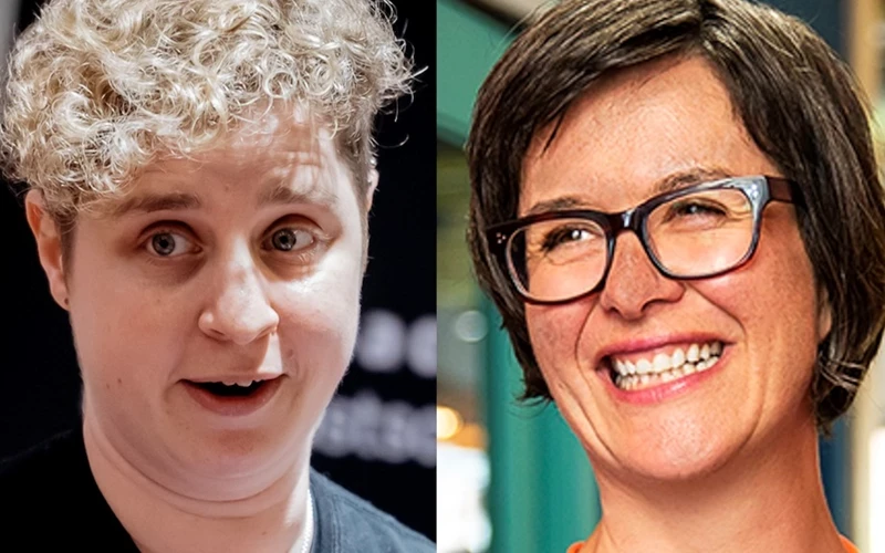 Side-by-side portrait images of two people shown from the shoulders up. The person on the left has short, tightly curled grey hair and is wearing a dark top against a dark background. The person on the right has short, straight brown hair and is wearing a blue top, with a teal and green indoor background behind them. The comparison-style layout suggests a before-and-after or contrast between the two images.