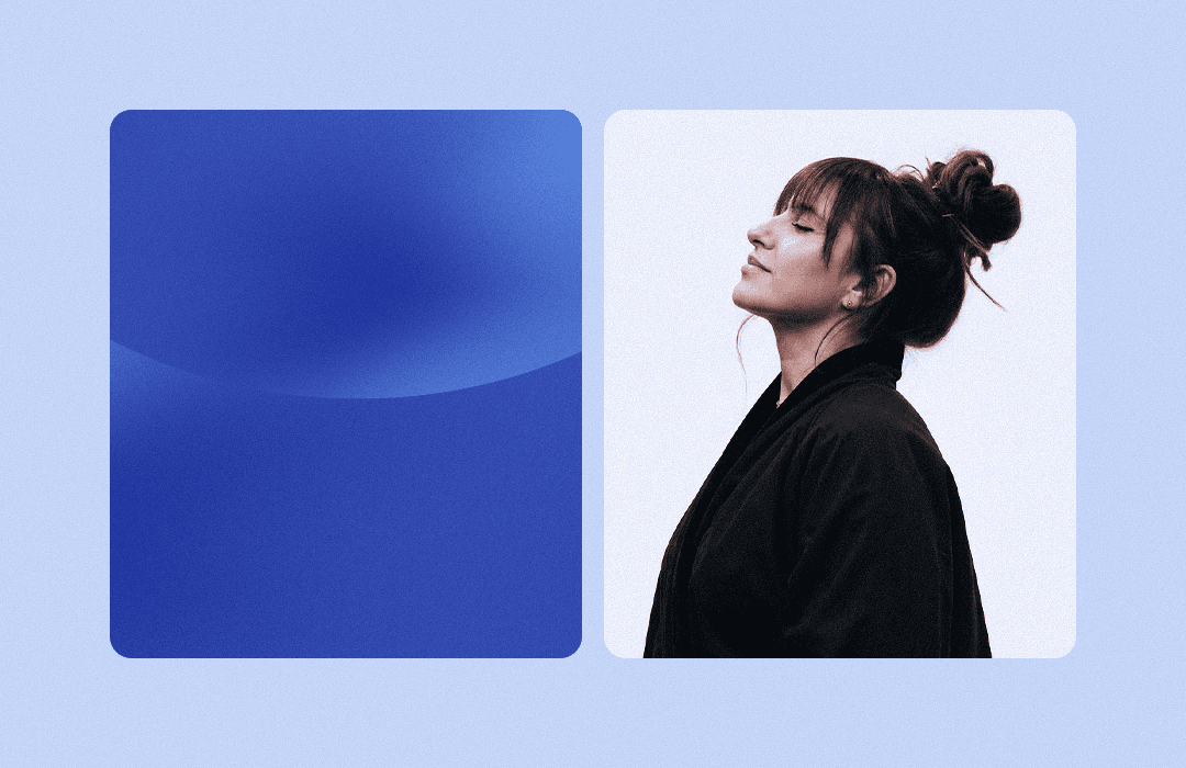 Composição com dois cards arredondados em fundo azul-claro. O da esquerda tem um gradiente azul com ondas sutis. O da direita contém a foto de perfil de uma mulher com olhos fechados e coque alto.