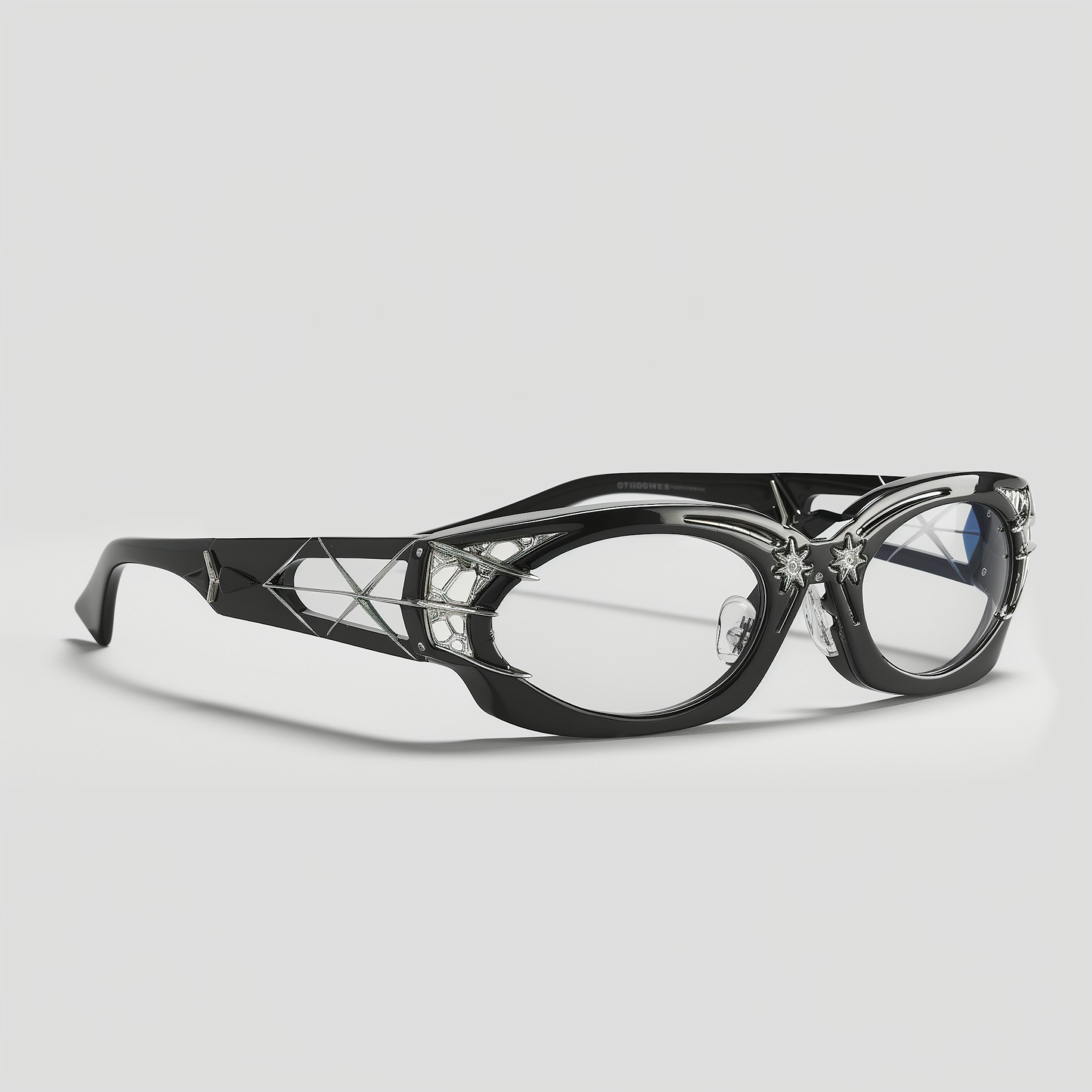 Futuristic black eyeglasses with geometric patterns, metallic accents, and star-shaped details, perfect for a bold, modern look.