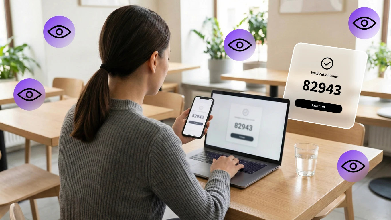 A woman working on a laptop and phone showing a 2FA verification code, with floating purple eye icons symbolizing surveillance and identity-based security threats.