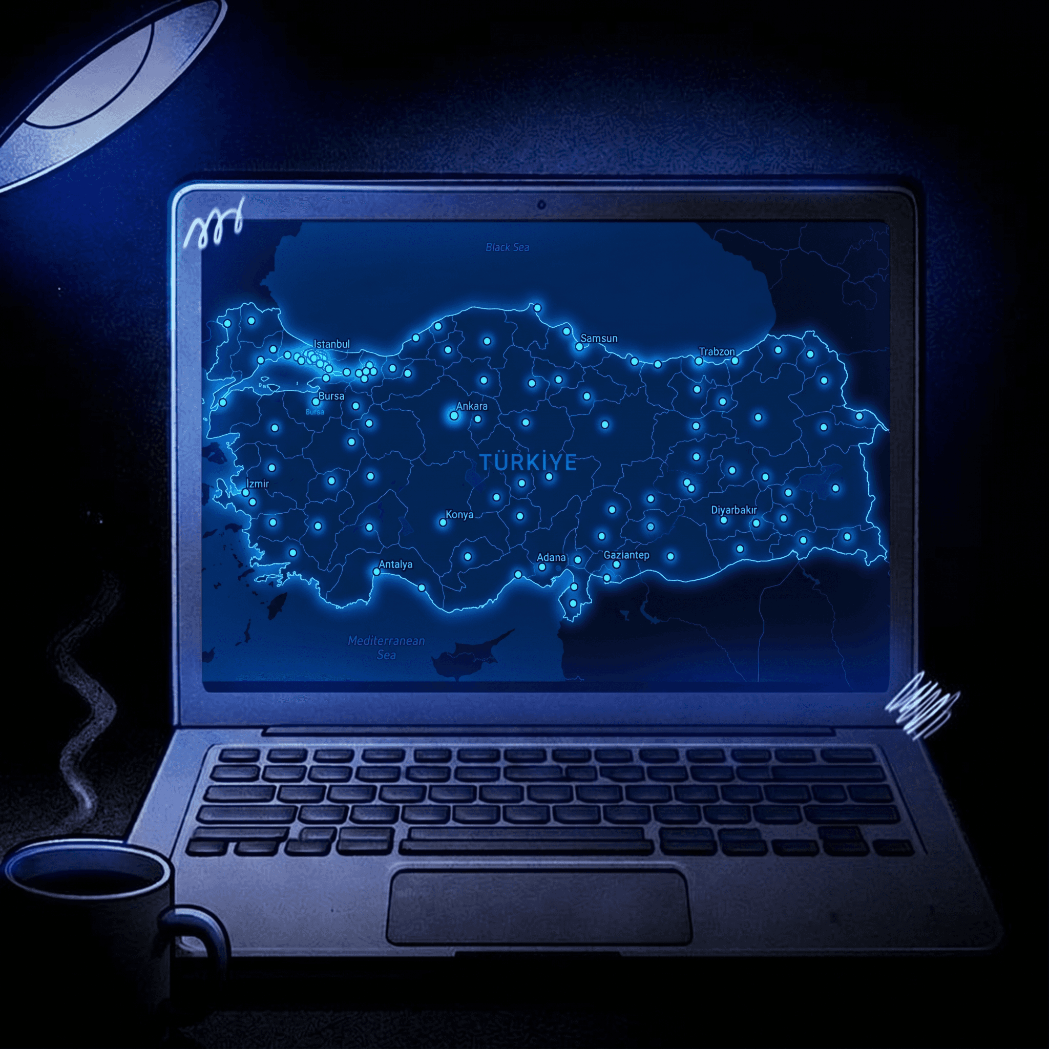 Aerial view of a winding road cutting through rocky terrain and sandy landscape.