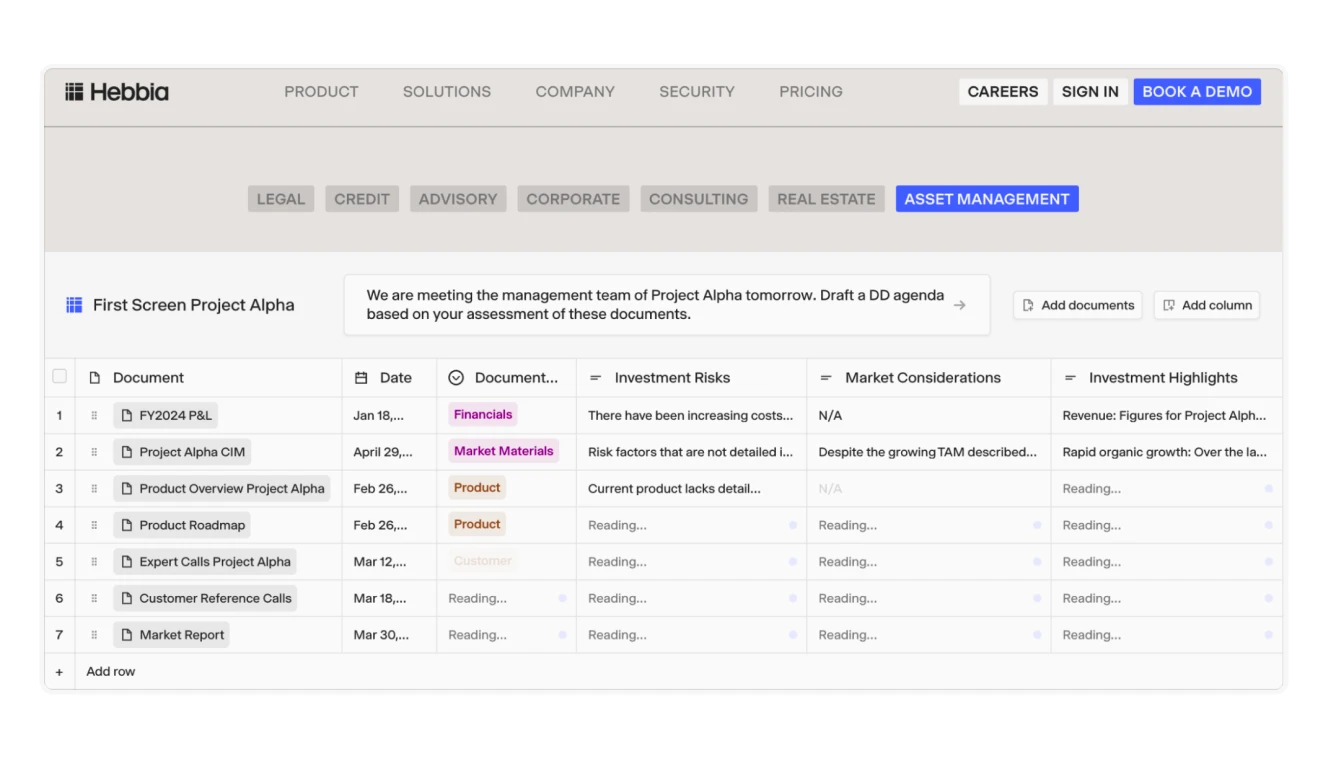 A document analysis tool categorizing financial risks, market considerations, and investment highlights