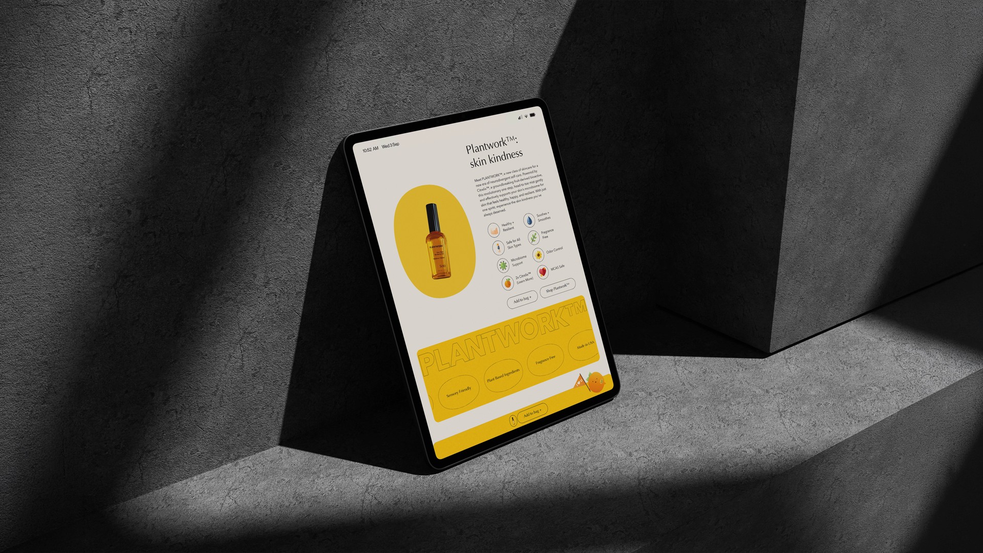 Tablet displaying Sōtō product information, an amber bottle, feature icons, and yellow content sections.