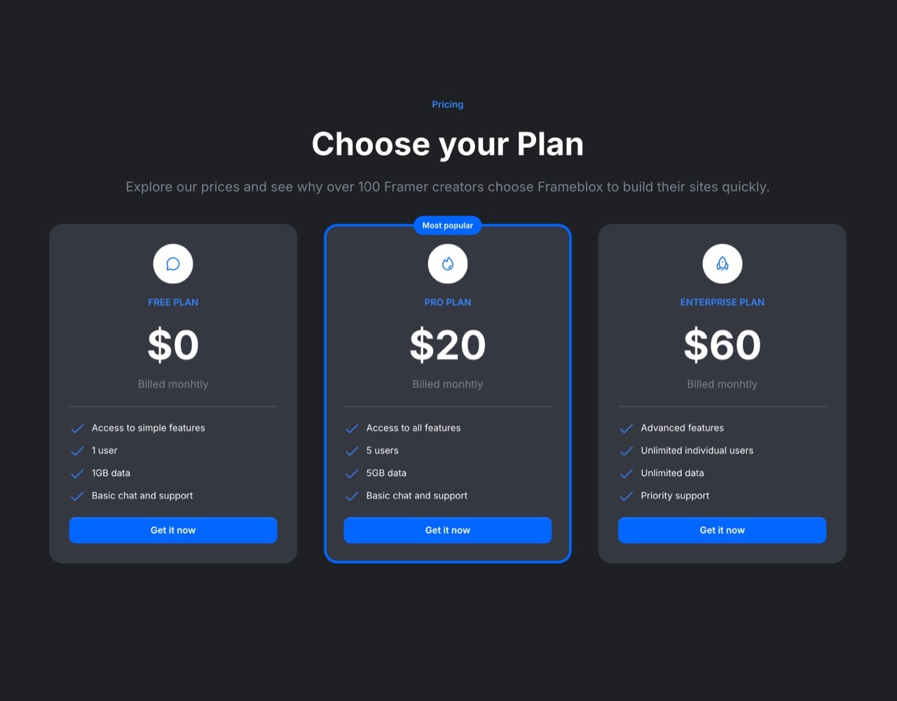 Framer Dark Pricing Section - Frameblox UI