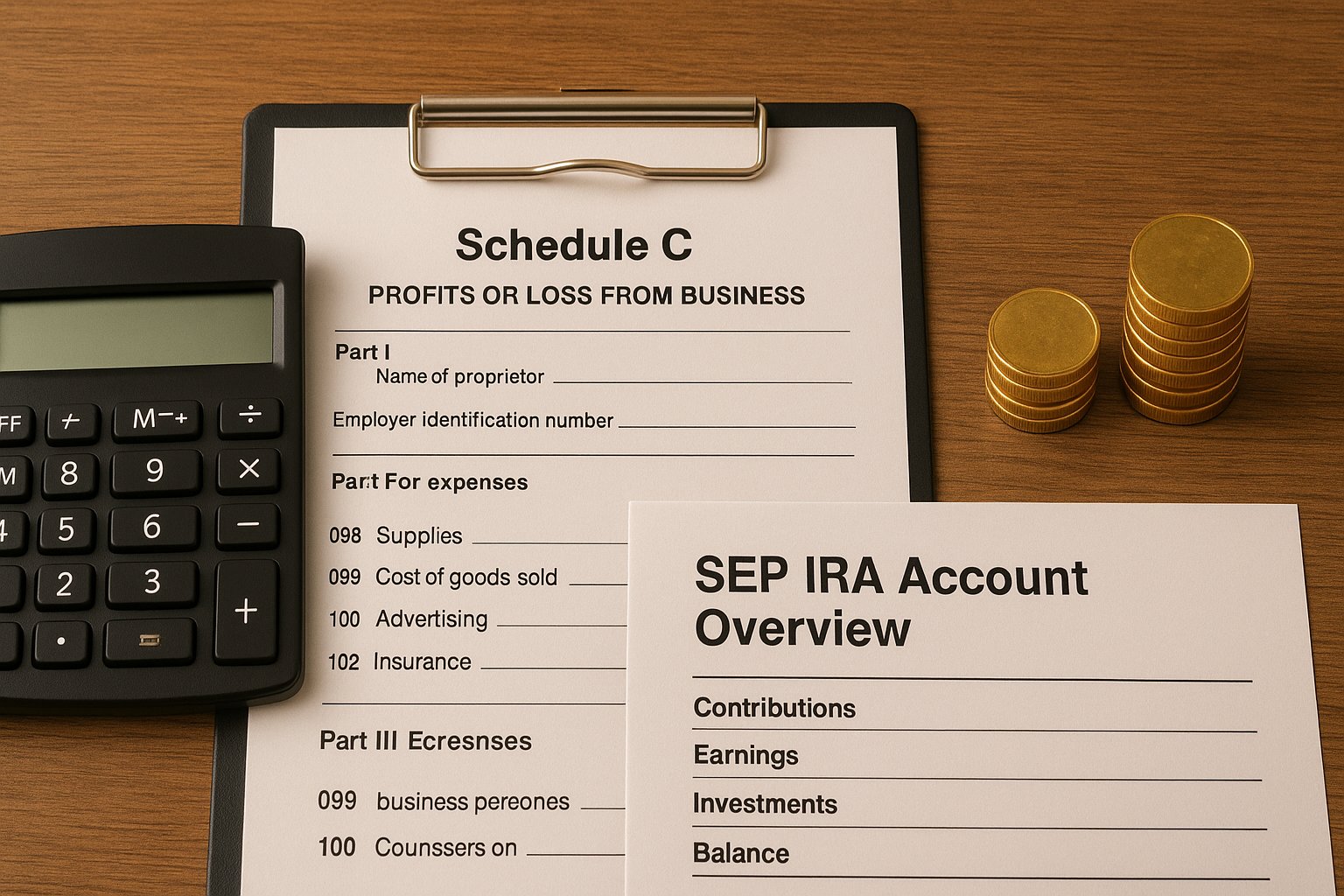 Organized retirement planning setup with a calculator, Schedule C form, SEP IRA overview, and neatly stacked coins.