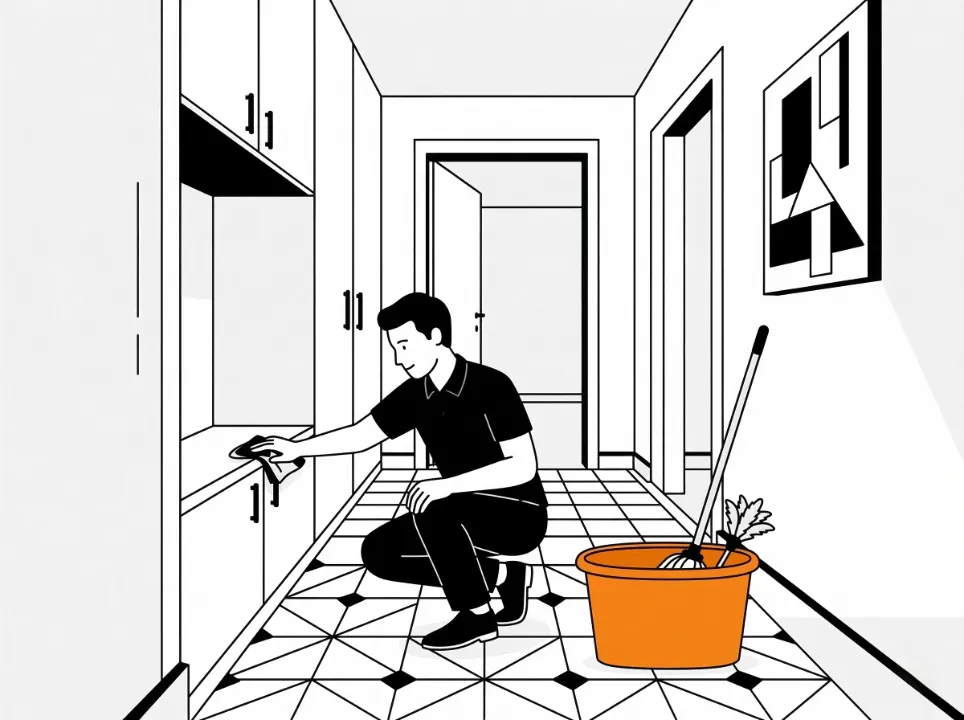 Illustration d'un agent Widy's accroupi nettoyant un meuble dans un couloir, seau orange avec balai à côté