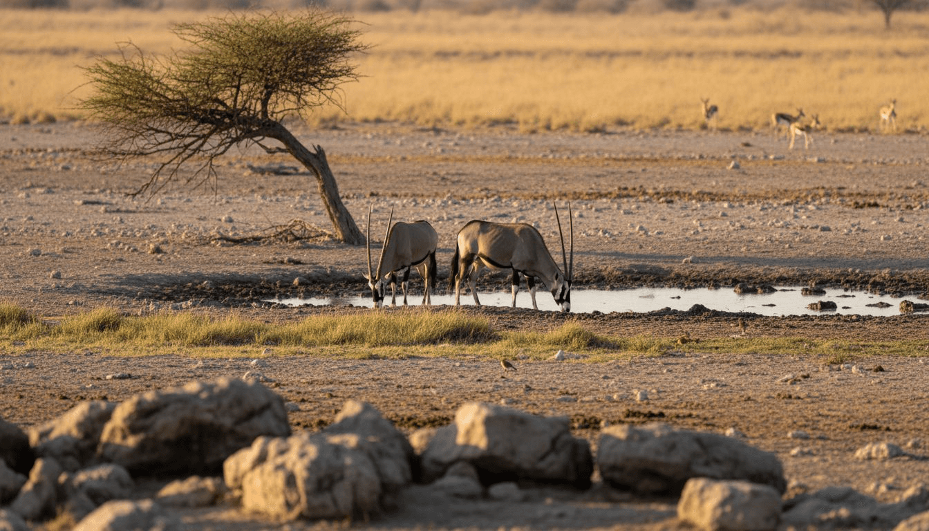 La faune africaine réunie autour d’un point d’eau à Etosha