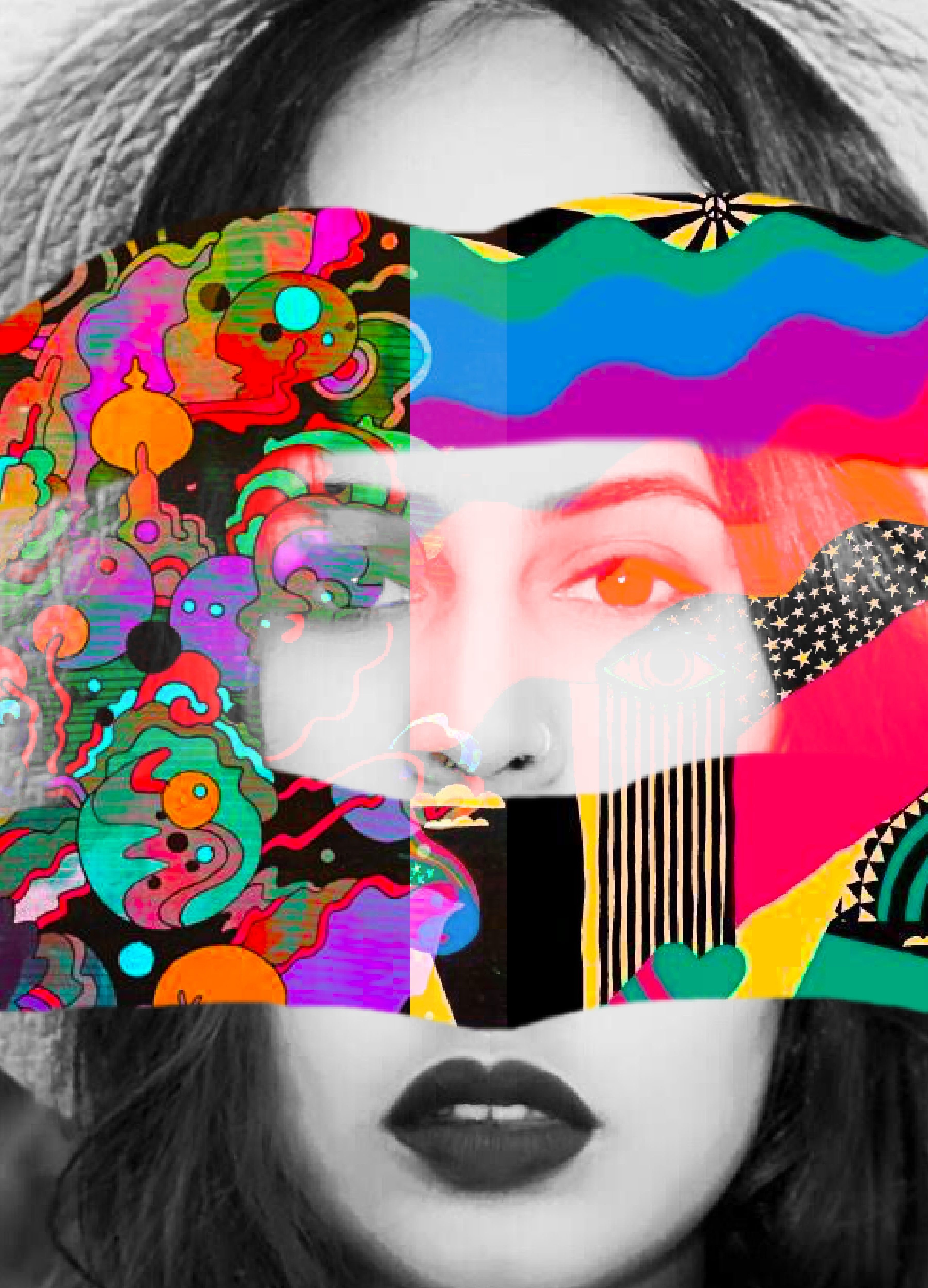 portrait of a girl where her face is in three sections, like 3 strips of torn newspaper, where the middle section has a variety of psychedelic illustrations and colors.