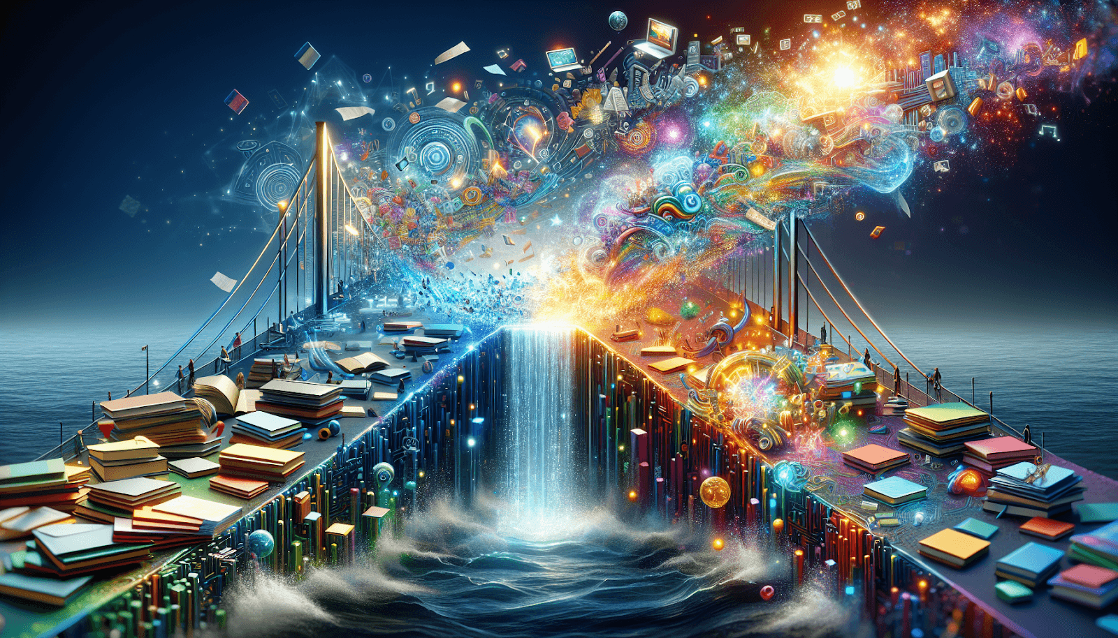 A creative representation of the transition from content curation to creation using AI.