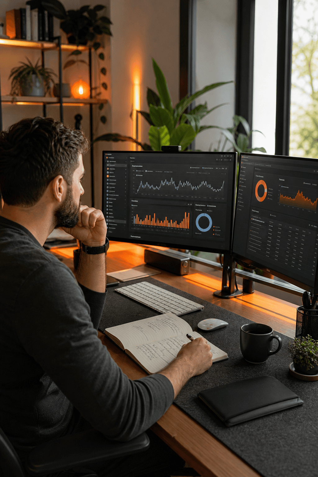 A modern home office setup with a B2B founder reviewing YouTube analytics on dual monitors, warm orange accent lighting, real desk environment with plants and notes visible. Alt: B2B founder using YouTube lead generation agency dashboard.