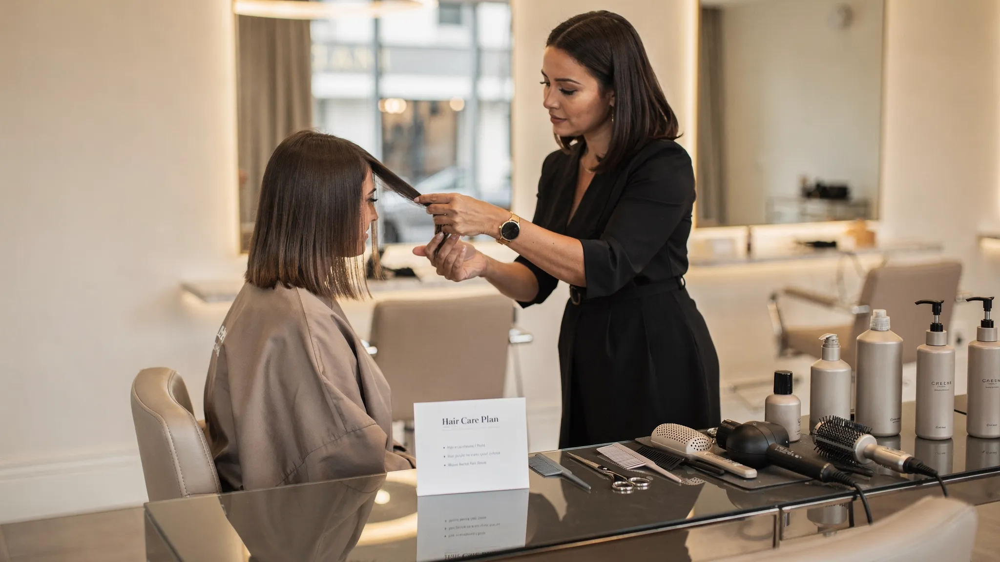 A stylist in a modern, upscale salon consulting with a client while holding a section of hair and pointing to a simple hair-care plan on a small card on the counter; both are focused on the hair, with clean tools and premium product bottles nearby.