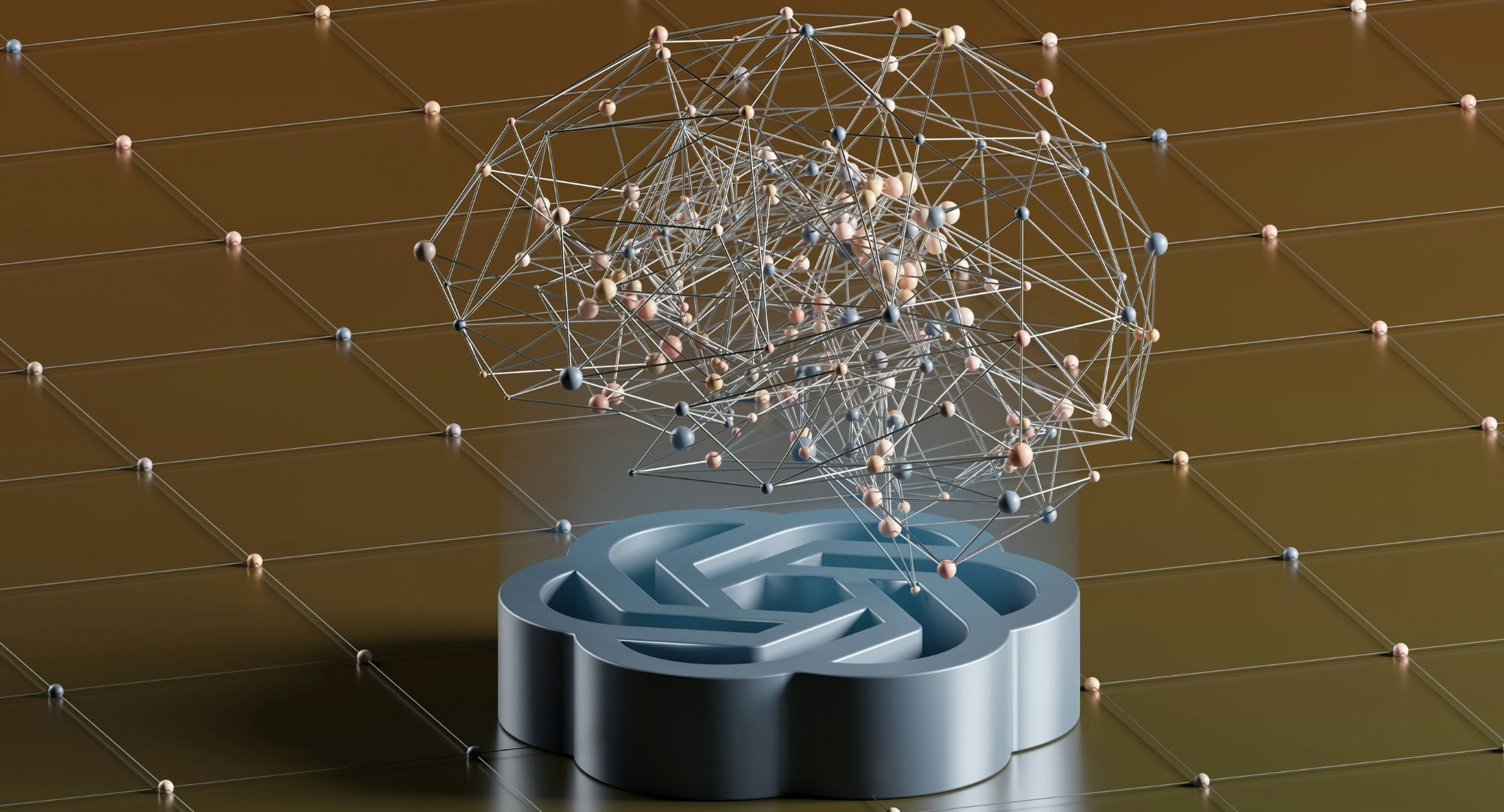 ilustração em computação gráfica ce cérebro formado por pontos interligados flutuando em cima do símbolo do chat gpt