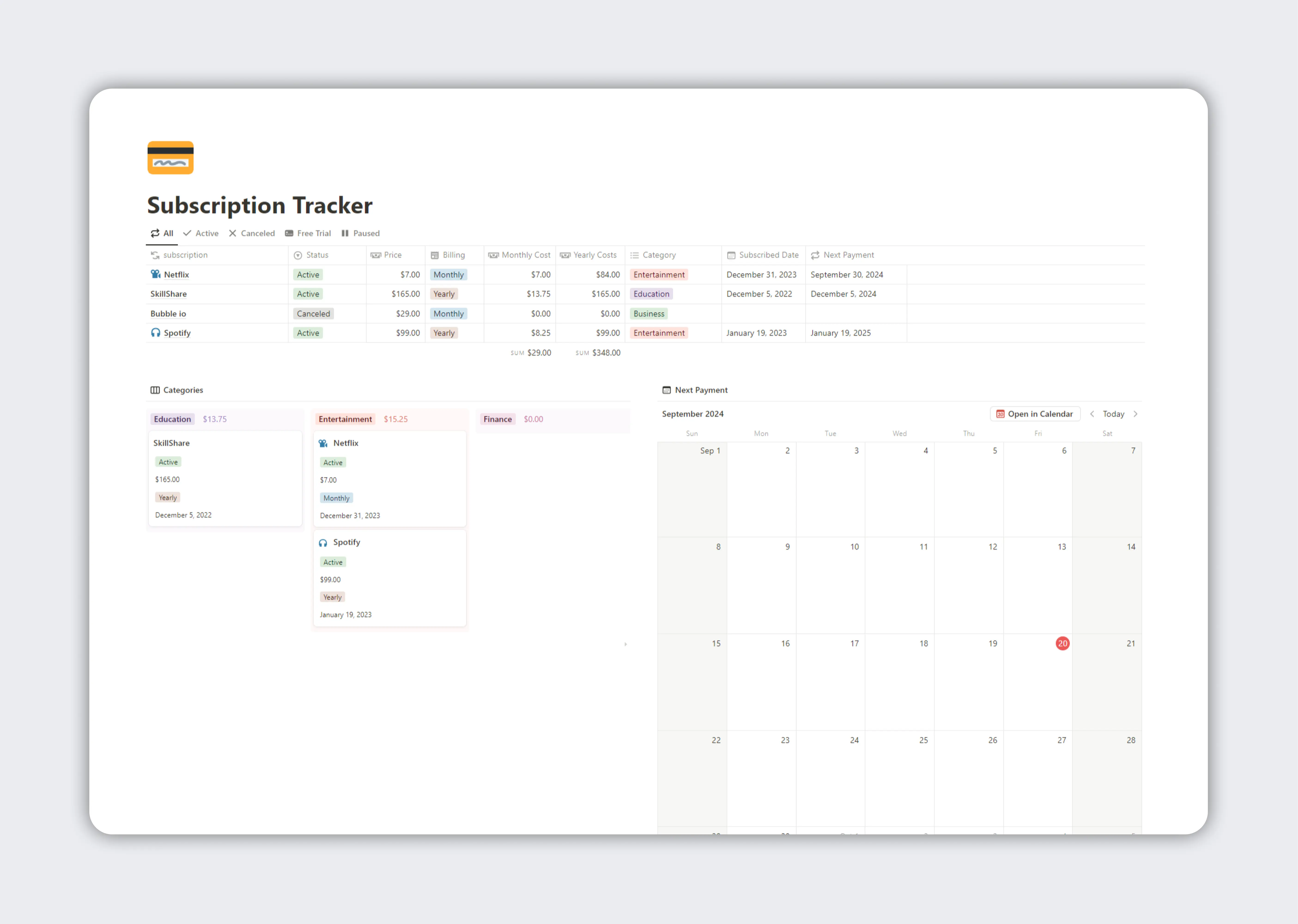 Notion Subscription Tracker