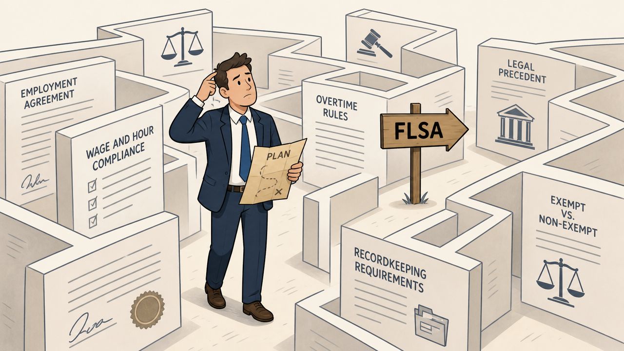 A confused business professional navigating a maze labeled with various FLSA and employment law related concepts.