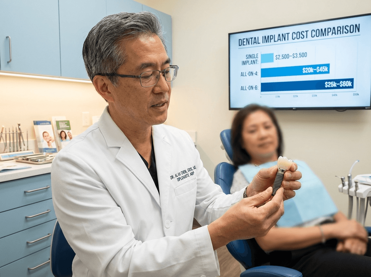 Board-certified periodontist displaying dental implant components and cost comparison chart in modern dental office