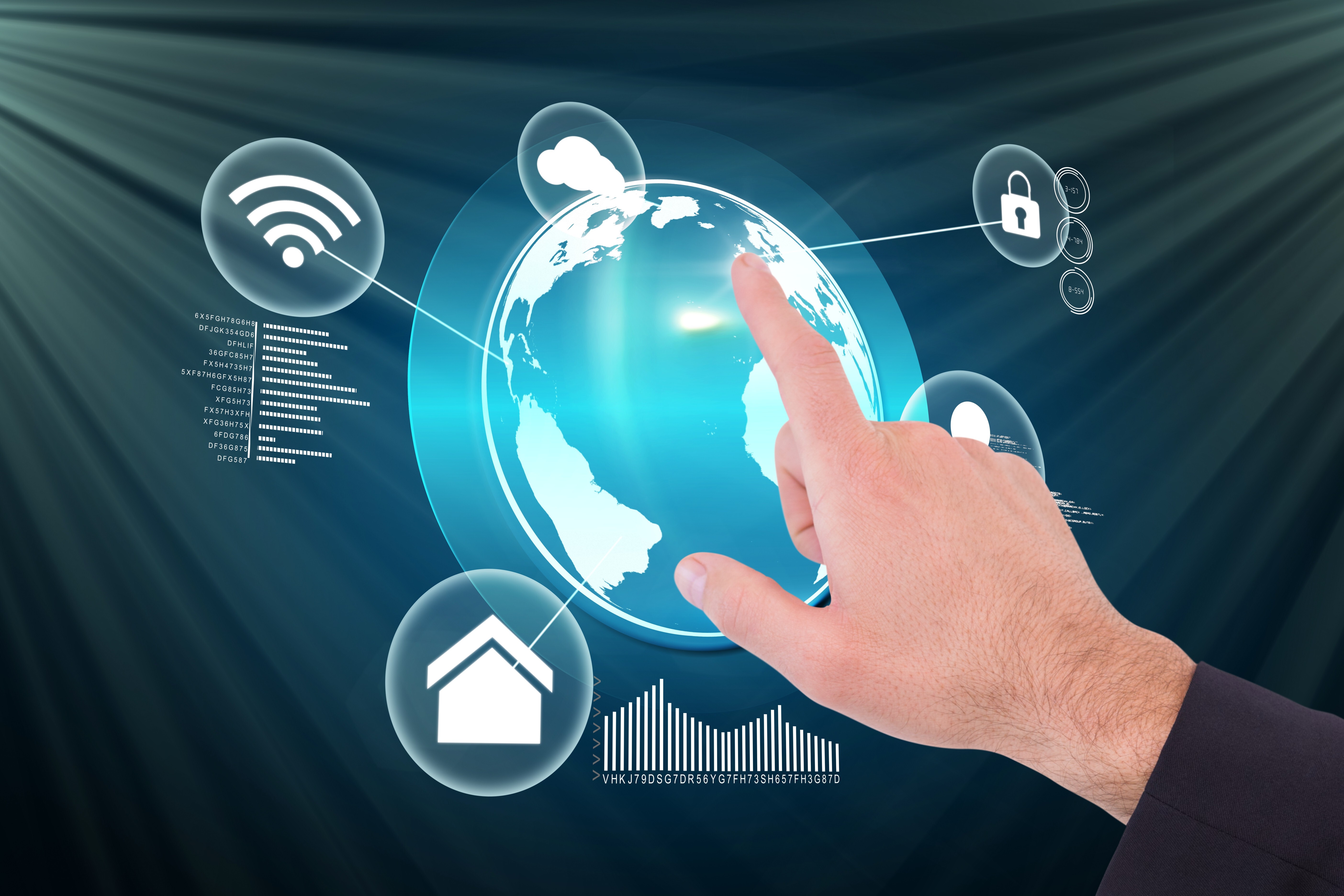 Man pointing his finger a digital world map 