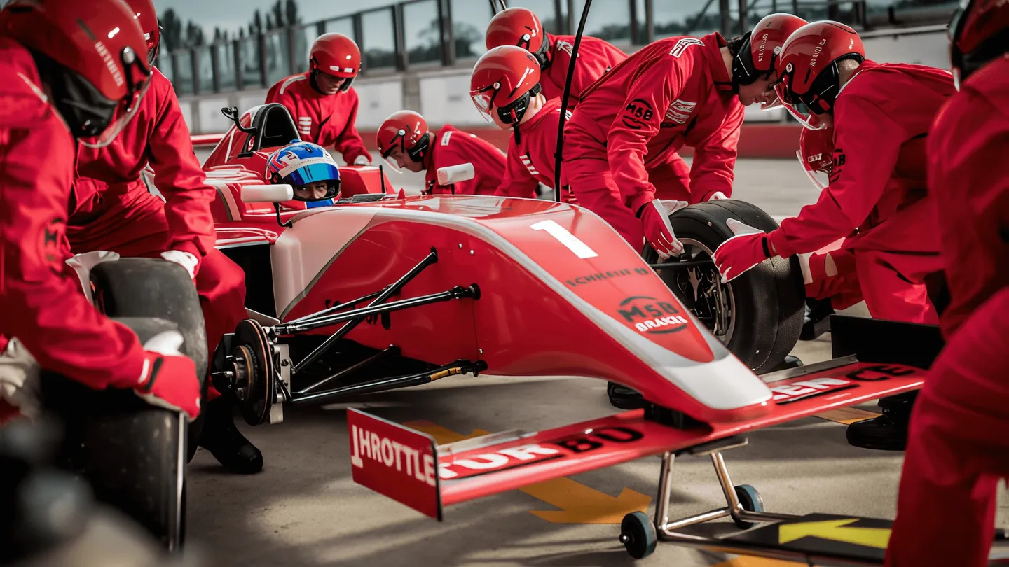 Formula One pit crew in red suits servicing a race car during a pit stop.