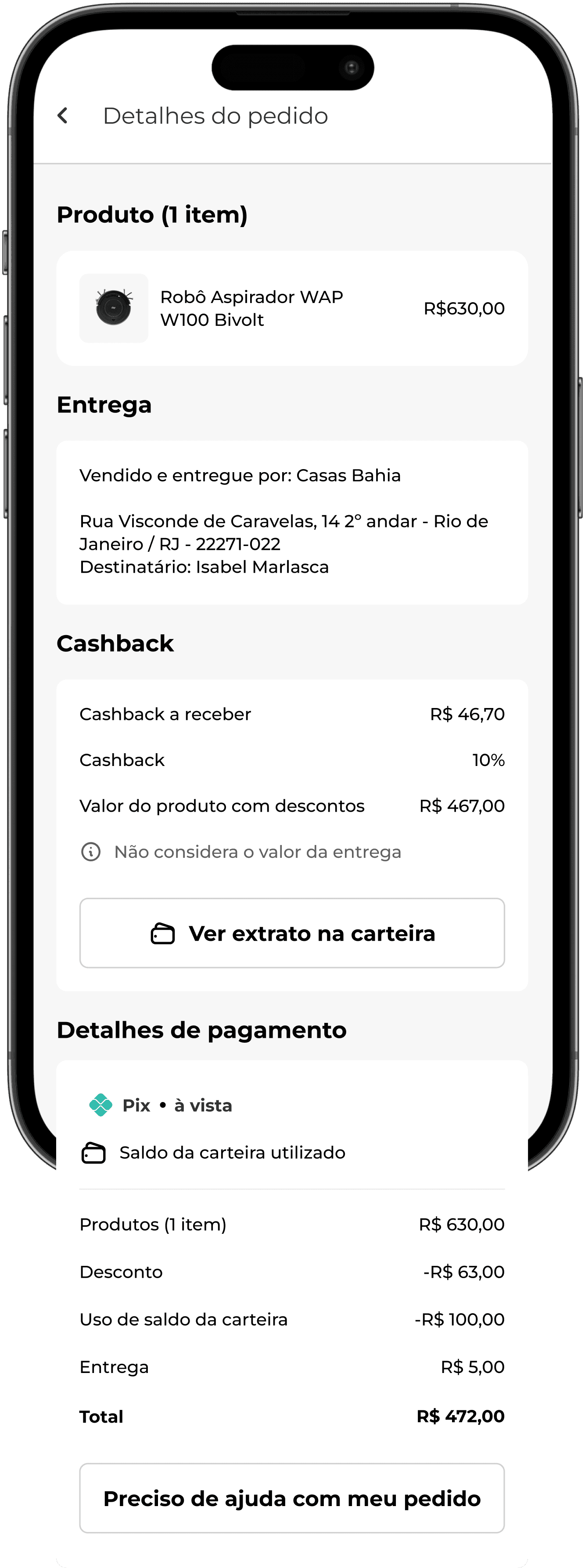 Página de detalhes do pedido com informações do produto, de entrega, de cashback (caso a oferta dê cashback) e de pagamento