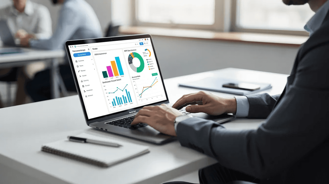A person is focused on a laptop screen showcasing cloud-based accounting software, featuring various charts and dashboards that illustrate financial data and business operations. This image reflects the importance of accurate financial records and professional audit services in ensuring corporate tax compliance and financial integrity for businesses in Dubai, United Arab Emirates.