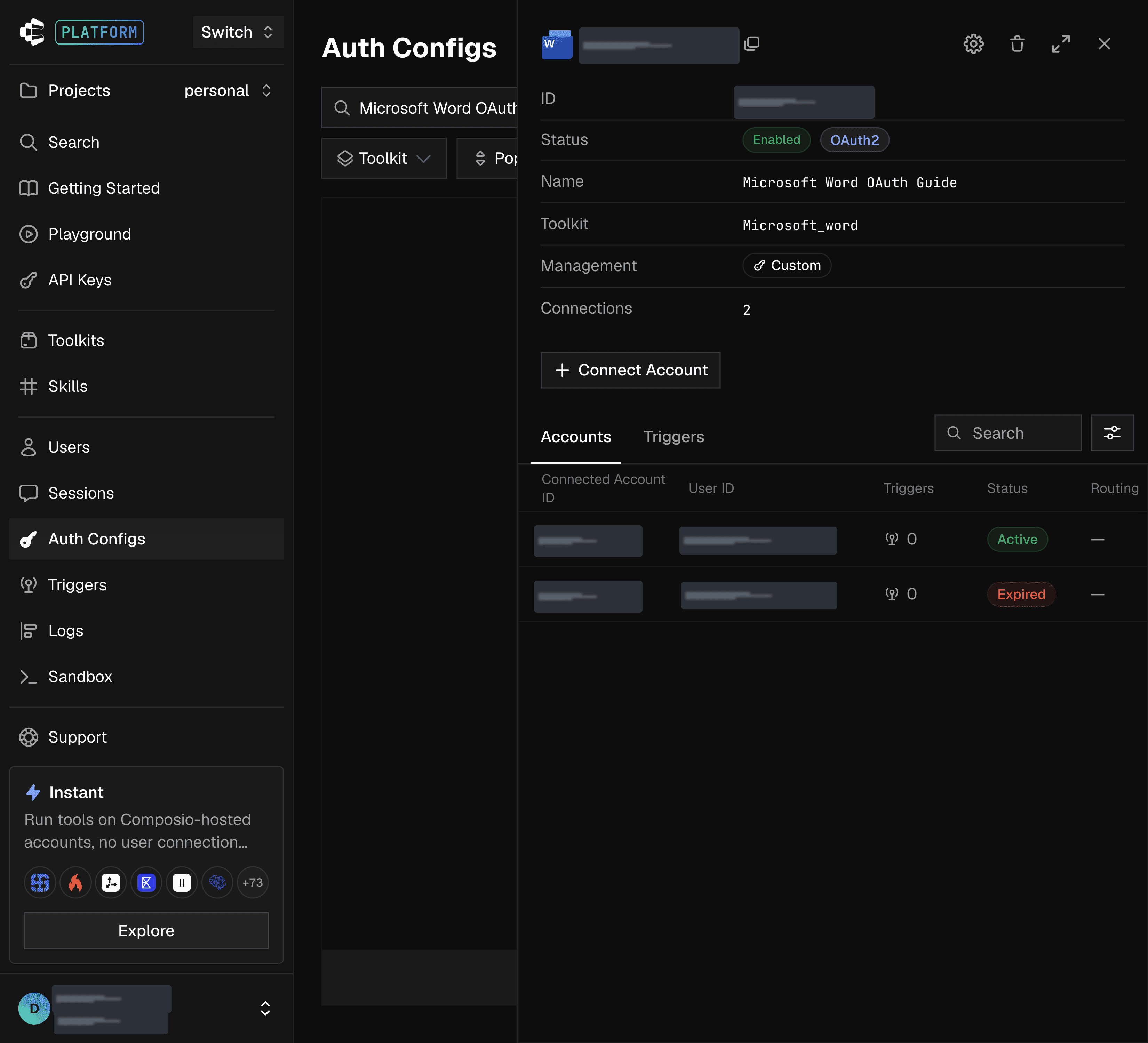 Active connected account in Composio