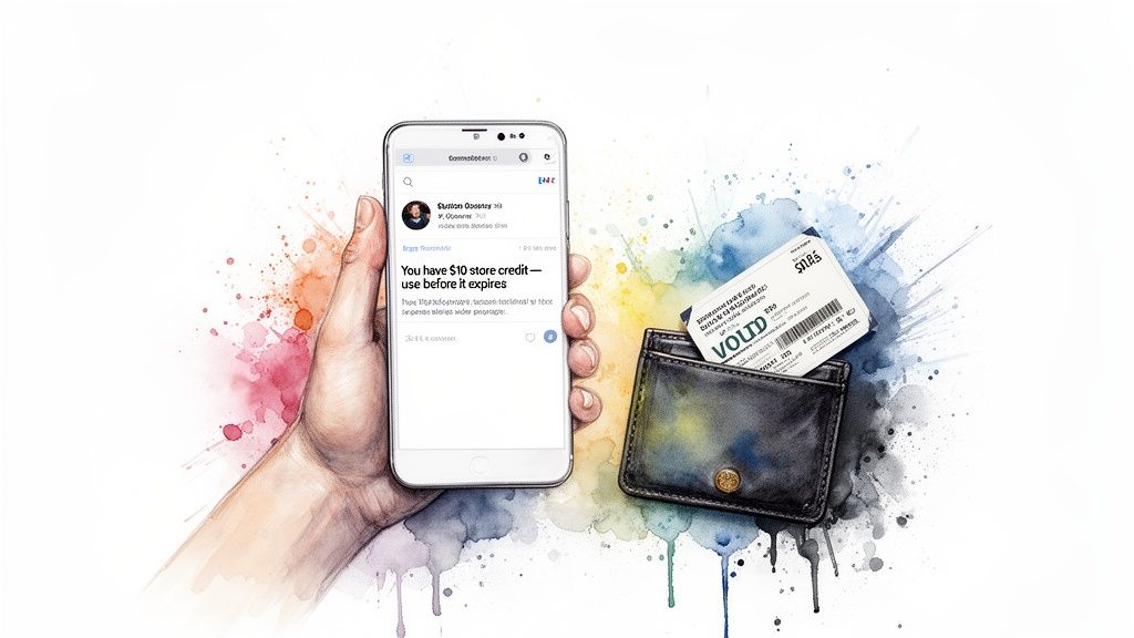 A watercolor illustration of a hand holding a smartphone showing store credit, next to a wallet and loyalty card.