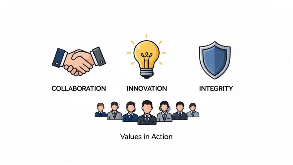 Cartoon illustration of company values: collaboration (handshake), innovation (lightbulb), and integrity (shield) with business people.