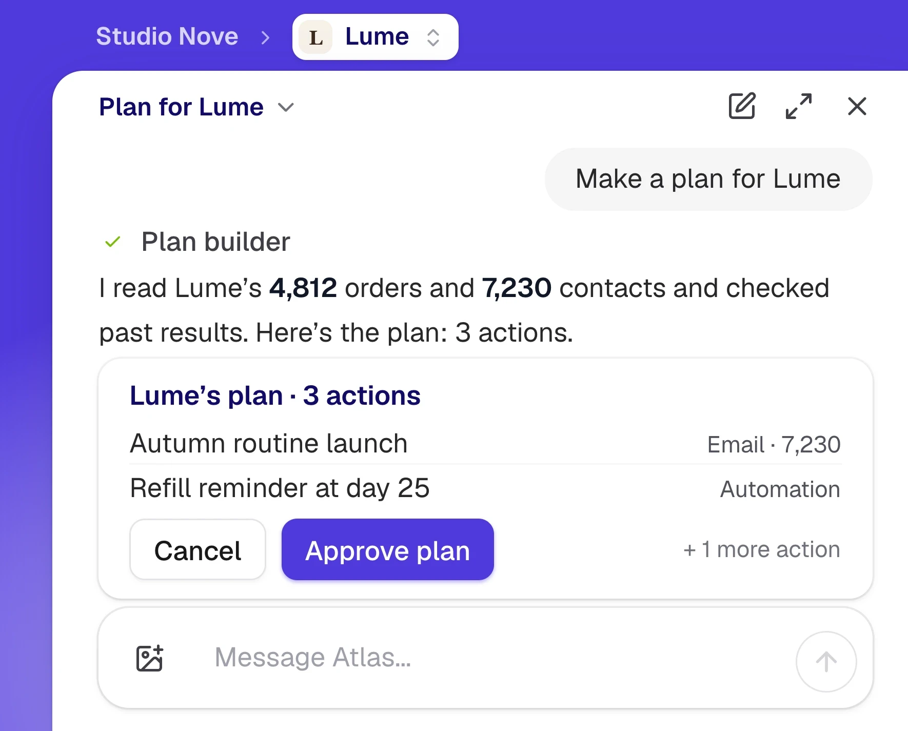 Atlas builds a plan for Lume from its own orders and contacts