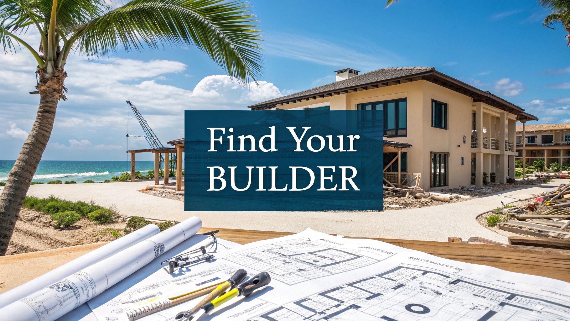a large home along a beach with the text 'find your builder' in the foreground