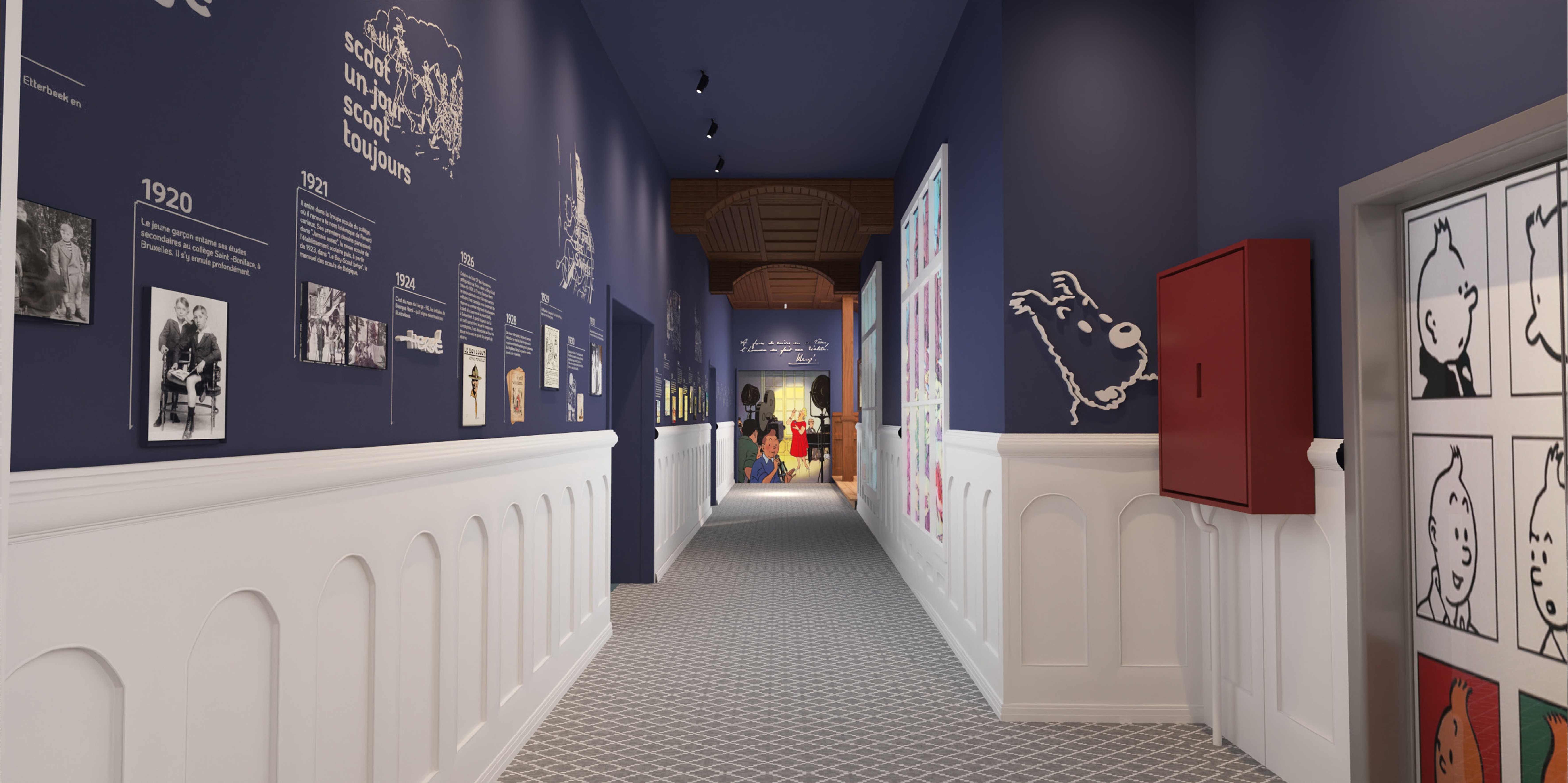 Blue color direction corridor for Exhibition design concet Hergé in Villars Palace Switzerland 