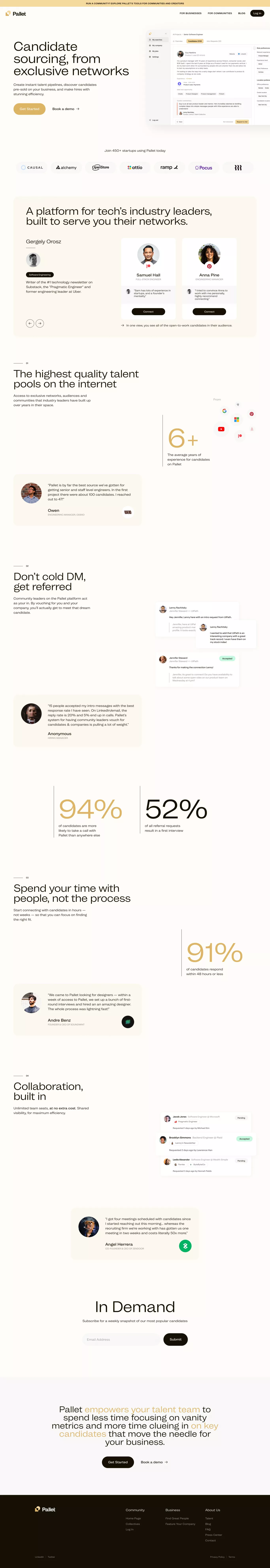 Pallet landing page screenshot showcasing HR and Tech design