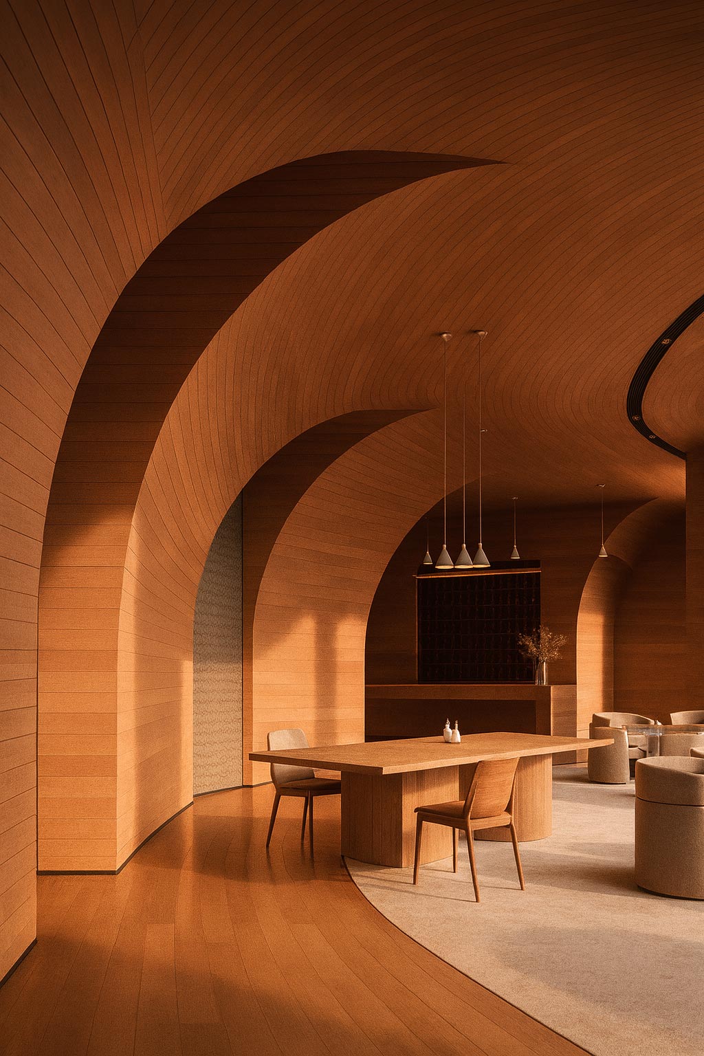 Curved-wood architectural interior with seamless arches, minimalist furniture, and soft natural light.