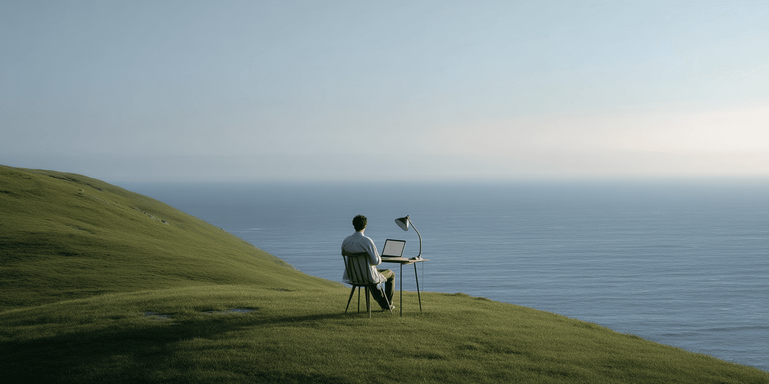 Man outside near the ocean, sitting with his laptop open