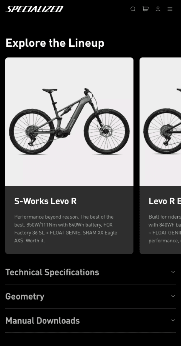 Mobile navigation menu for Roval cycling components and wheel systems