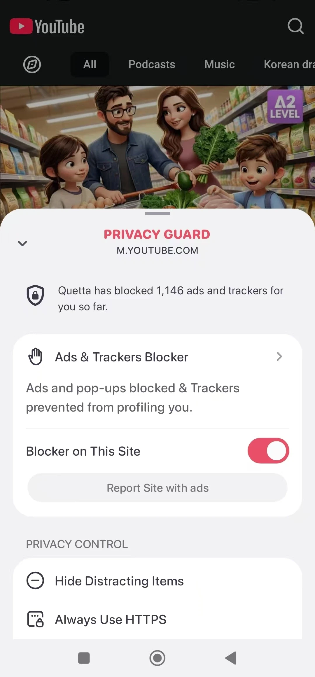 Quetta built-in ad blocker settings on Android