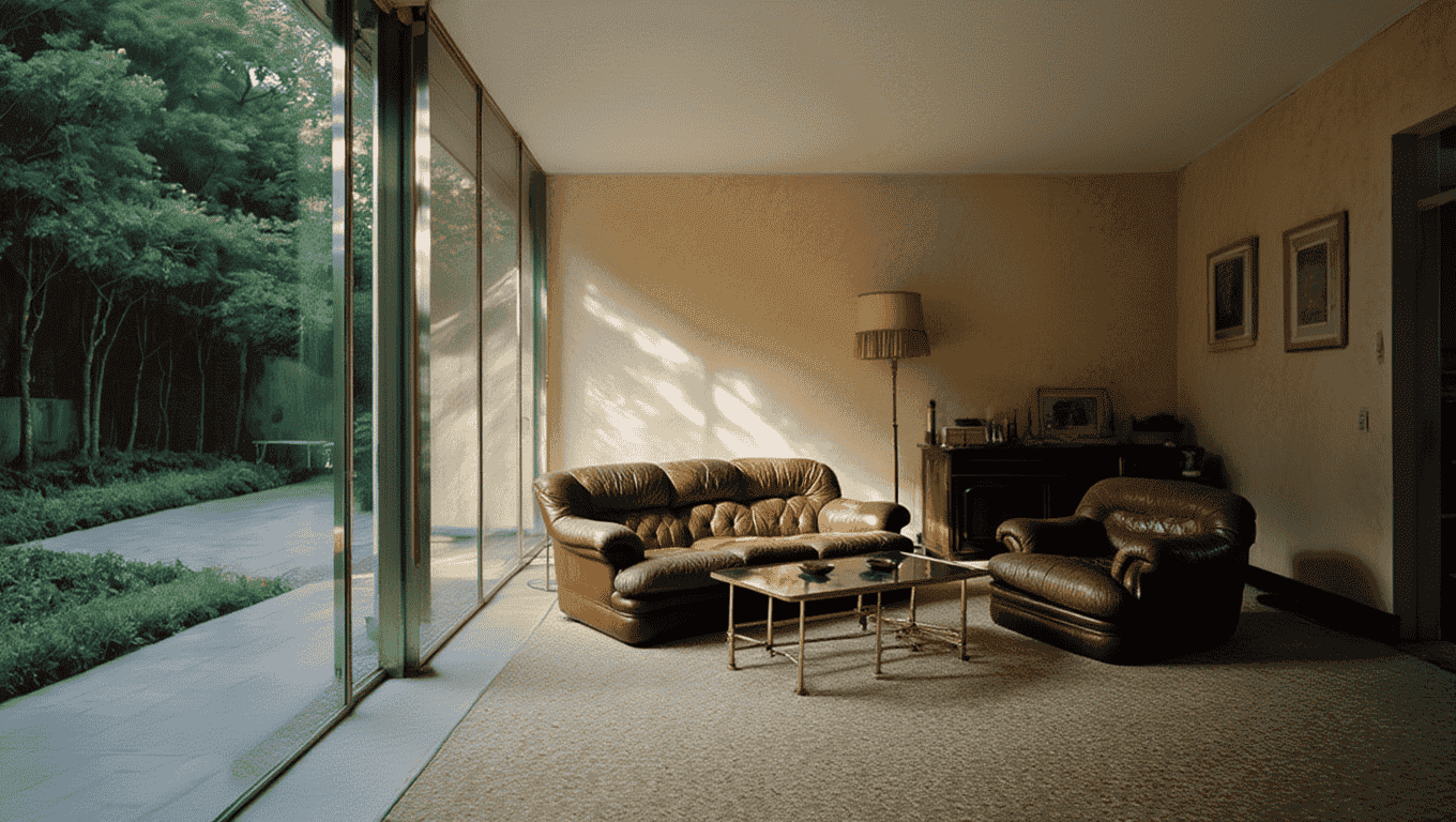 A spacious living room features a leather sofa and armchair set, complemented by a glass coffee table, with large floor-to-ceiling windows revealing a lush garden outside.