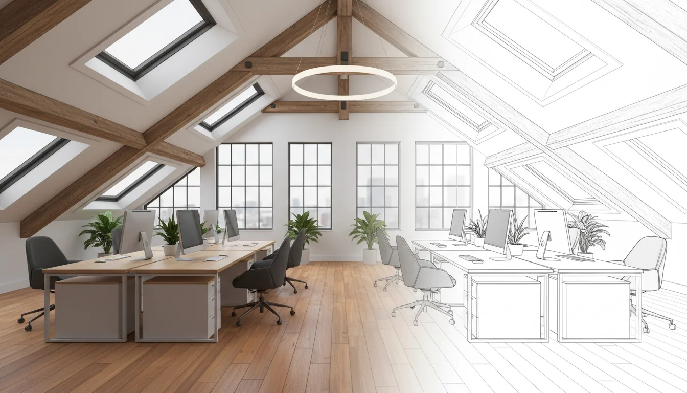 Architectural visualization of a modern loft office, 3D render, wide-angle perspective. The scene has a high, slanted ceiling with exposed rustic wooden beams and skylights. A row of minimalist desks with computers and office chairs rests on a polished hardwood floor. The image has a unique hybrid style, transitioning seamlessly from a photorealistic render on the left to a clean, black-and-white technical pencil sketch on the right, showcasing the structure's line work. Soft global illumination from the skylights fills the space.