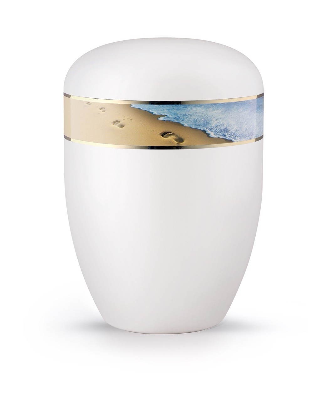 Urne 2/10F: Edition 360°, weiß satiniert, Fußspuren im Sand