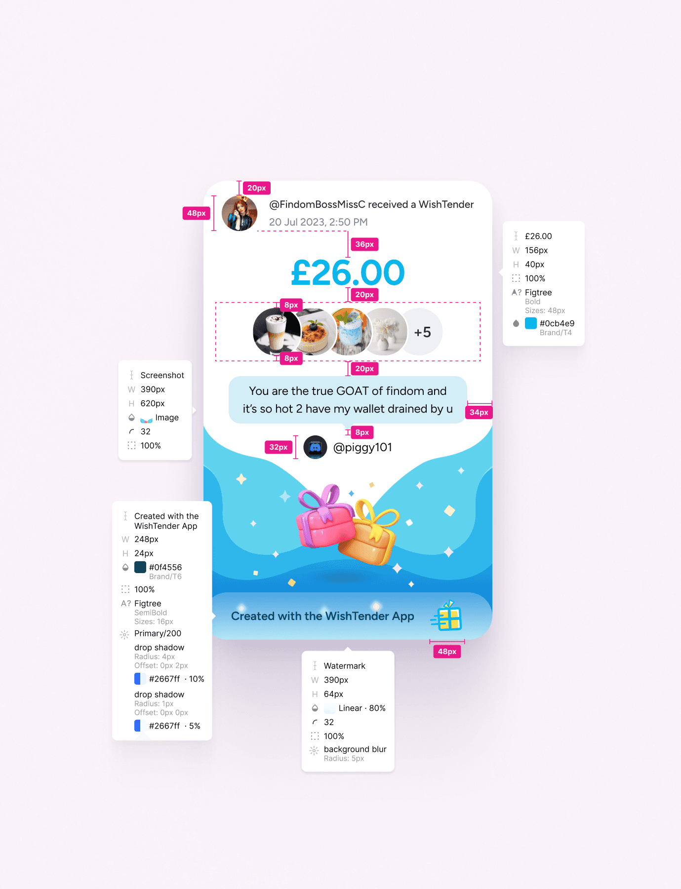 the specs of a design in handoff form for developers