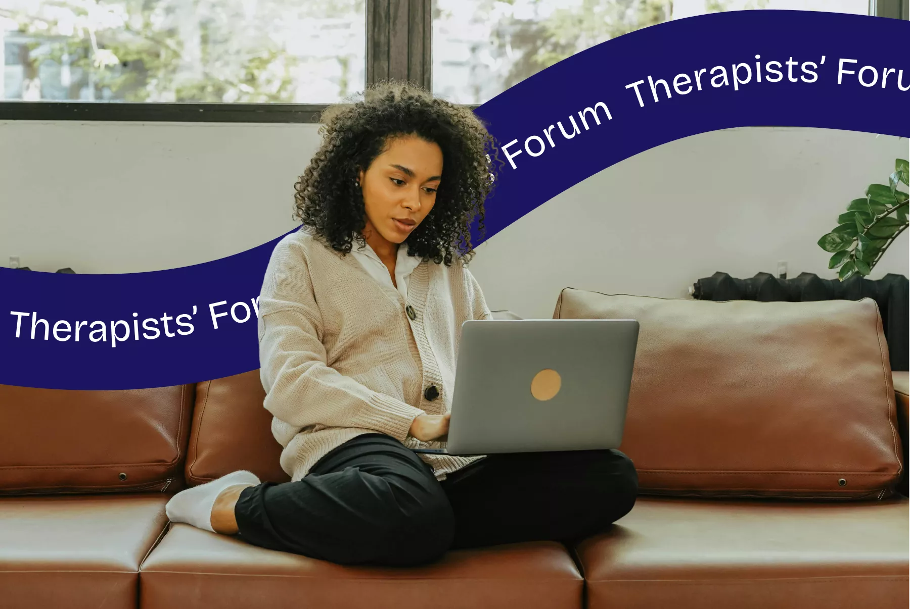 Woman sitting on sofa looking at laptop, with decorative text of 'therapist's forum' behind her