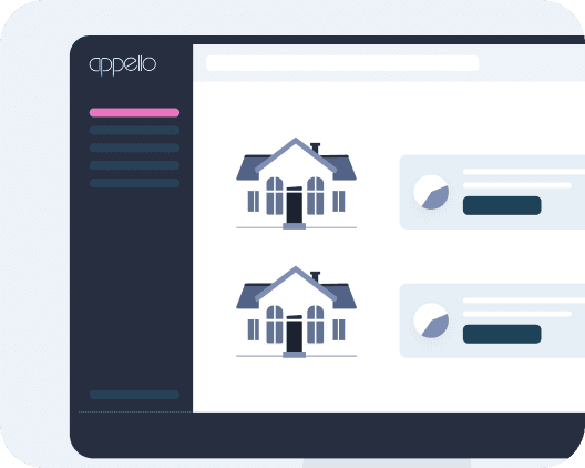 A computer screen displays a user interface for a real estate application, featuring icons of houses and charts, with a sidebar menu on the left in a sleek, modern design.