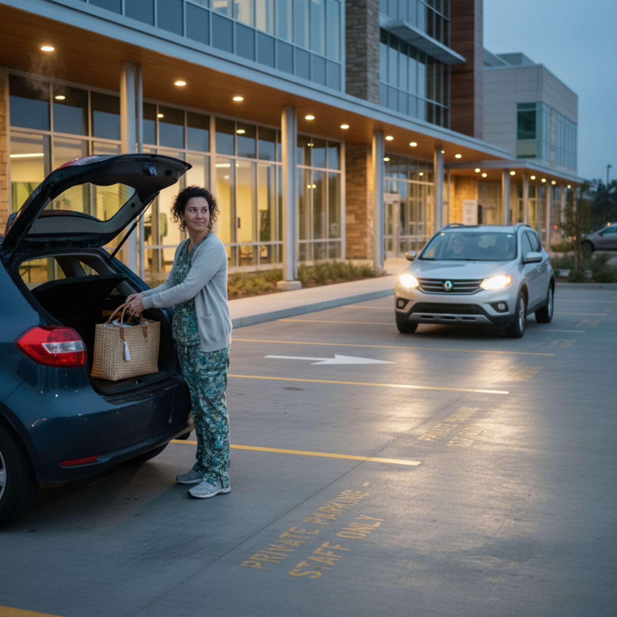 Dämmerung auf dem Parkplatz eines Gesundheitszentrums, Reihung aus klar gekennzeichneten Plätzen. Ein Mitarbeiter steckt die Tasche in den Kofferraum, während ein anderes Fahrzeug ankommt. Warme Fassadenbeleuchtung, reflektierende Markierungen, ordentliche Beschilderung. Eine ruhige, vertrauensvolle Stimmung ohne Trubel.
