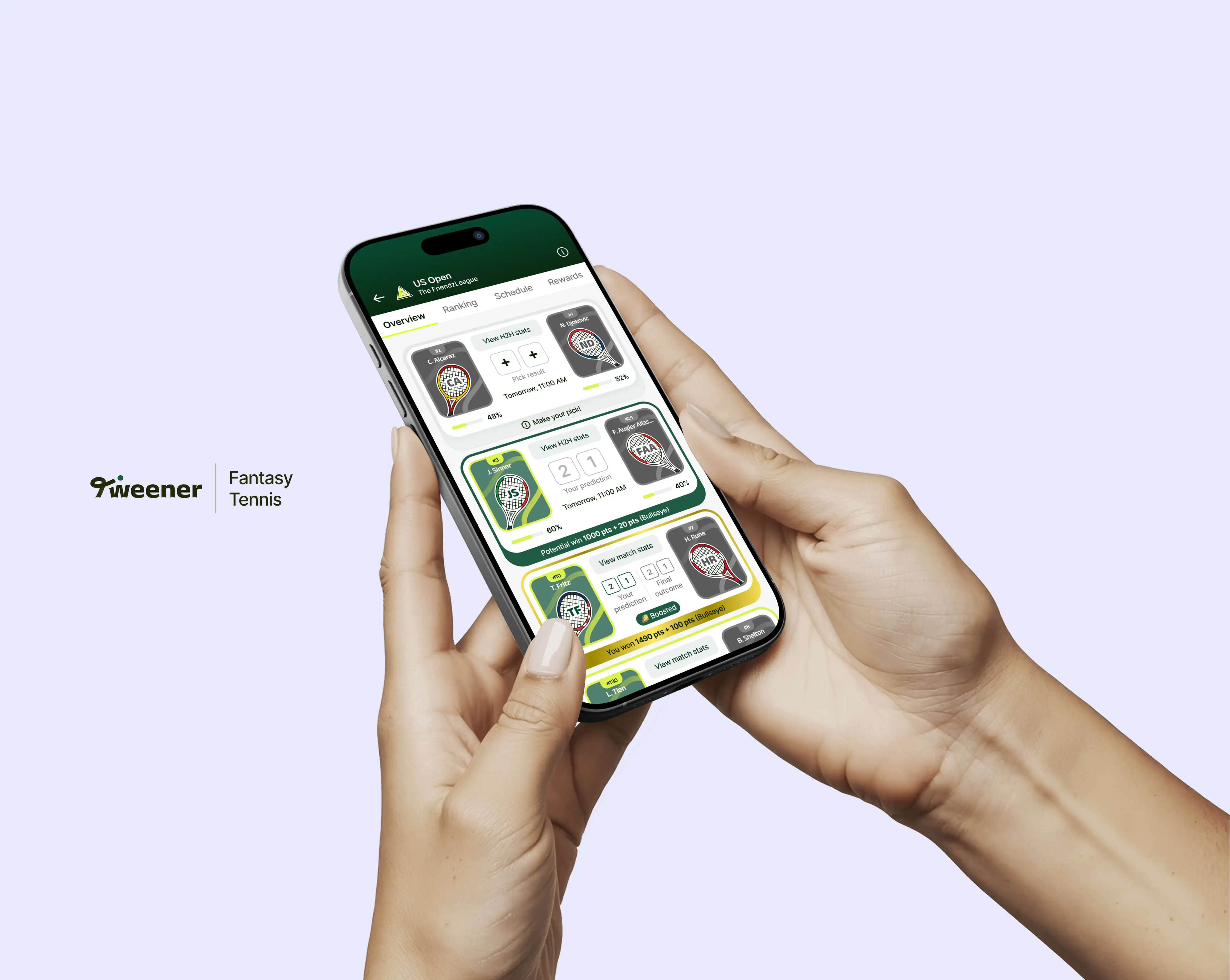 Tweener app in hand — fantasy tennis league screen with a list of matches