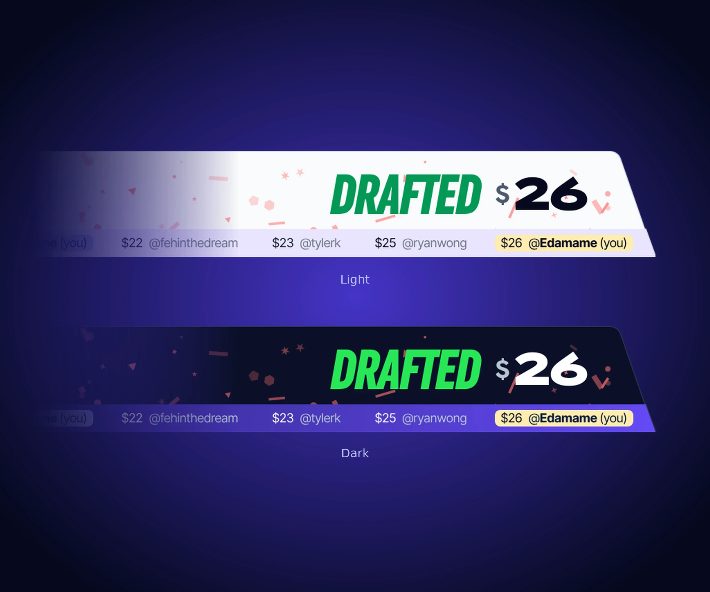 The Drafted state of the bid bar in light and dark, with confetti behind DRAFTED and the price