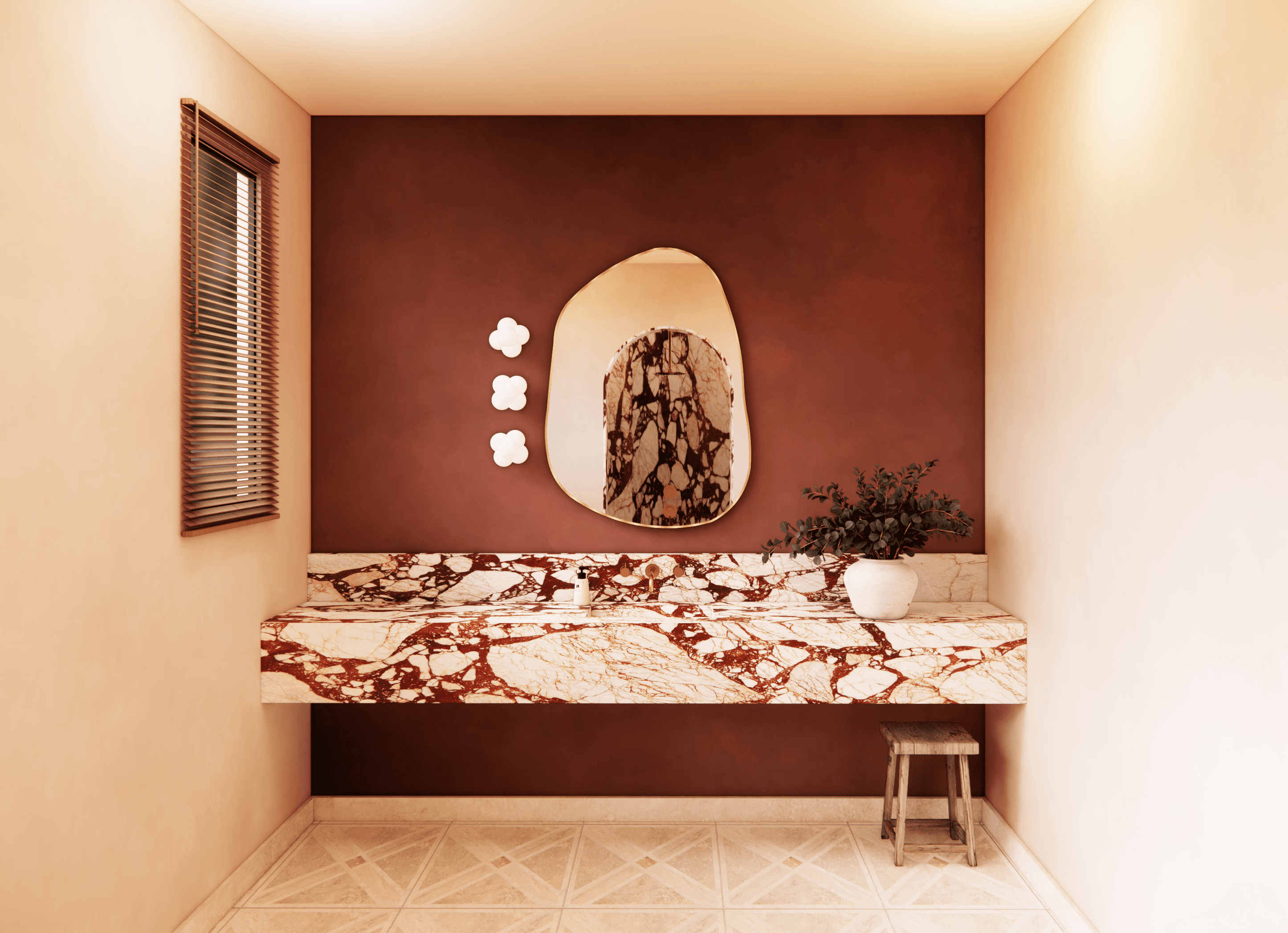 Luxury parisian kitchen, with warm marble counters and a skylight.