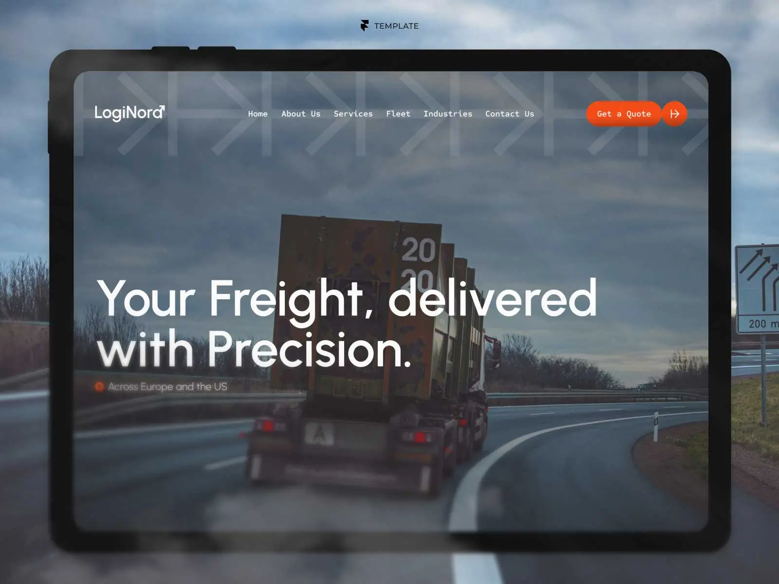 Logistics and transportation Framer website template displayed on a tablet featuring a freight company homepage.
