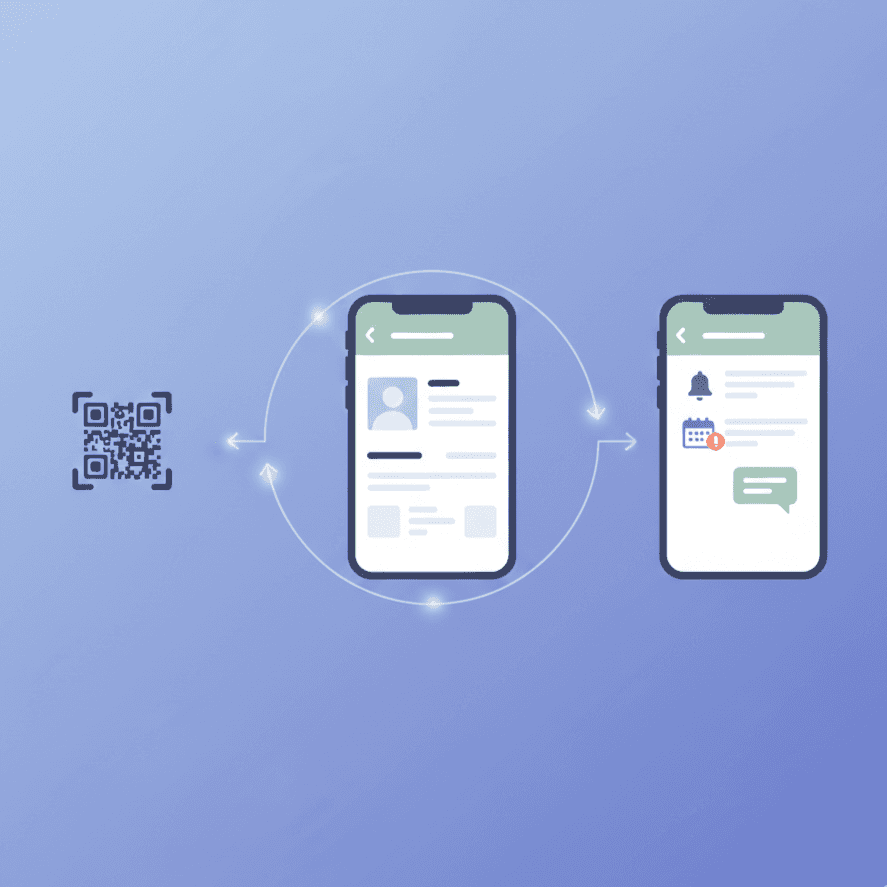 Habsy digital business card workflow illustrating QR contact capture flowing into organized follow-up and contact management