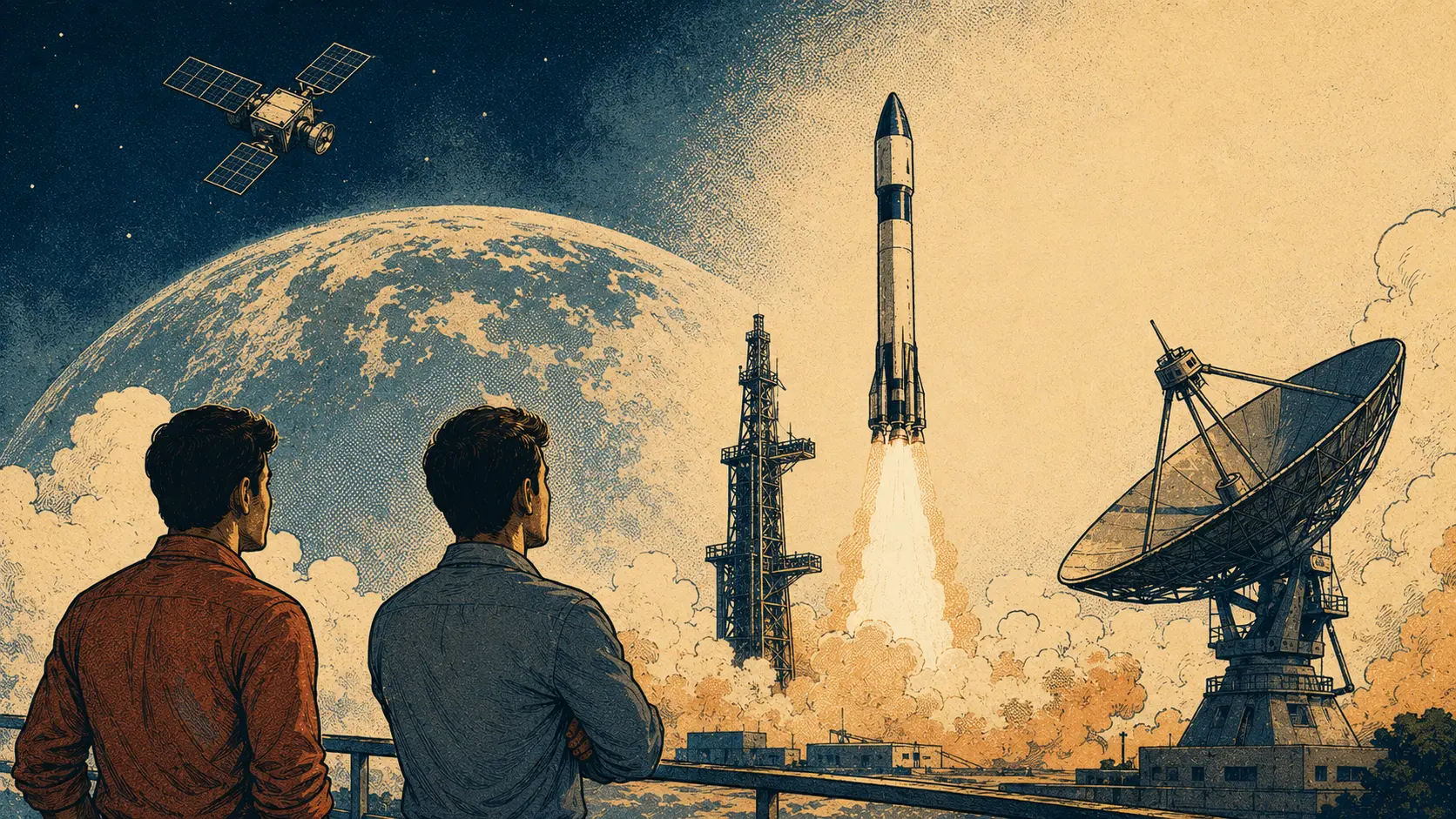Two spacetech founders watching a rocket launch, symbolising India’s early private space ecosystem.