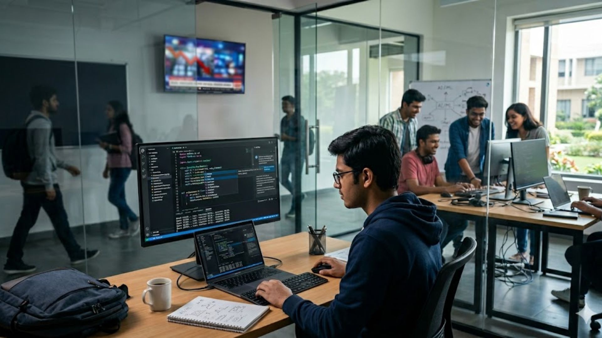Student working on coding projects in a modern computer lab while exploring is computer science a good career in 2030