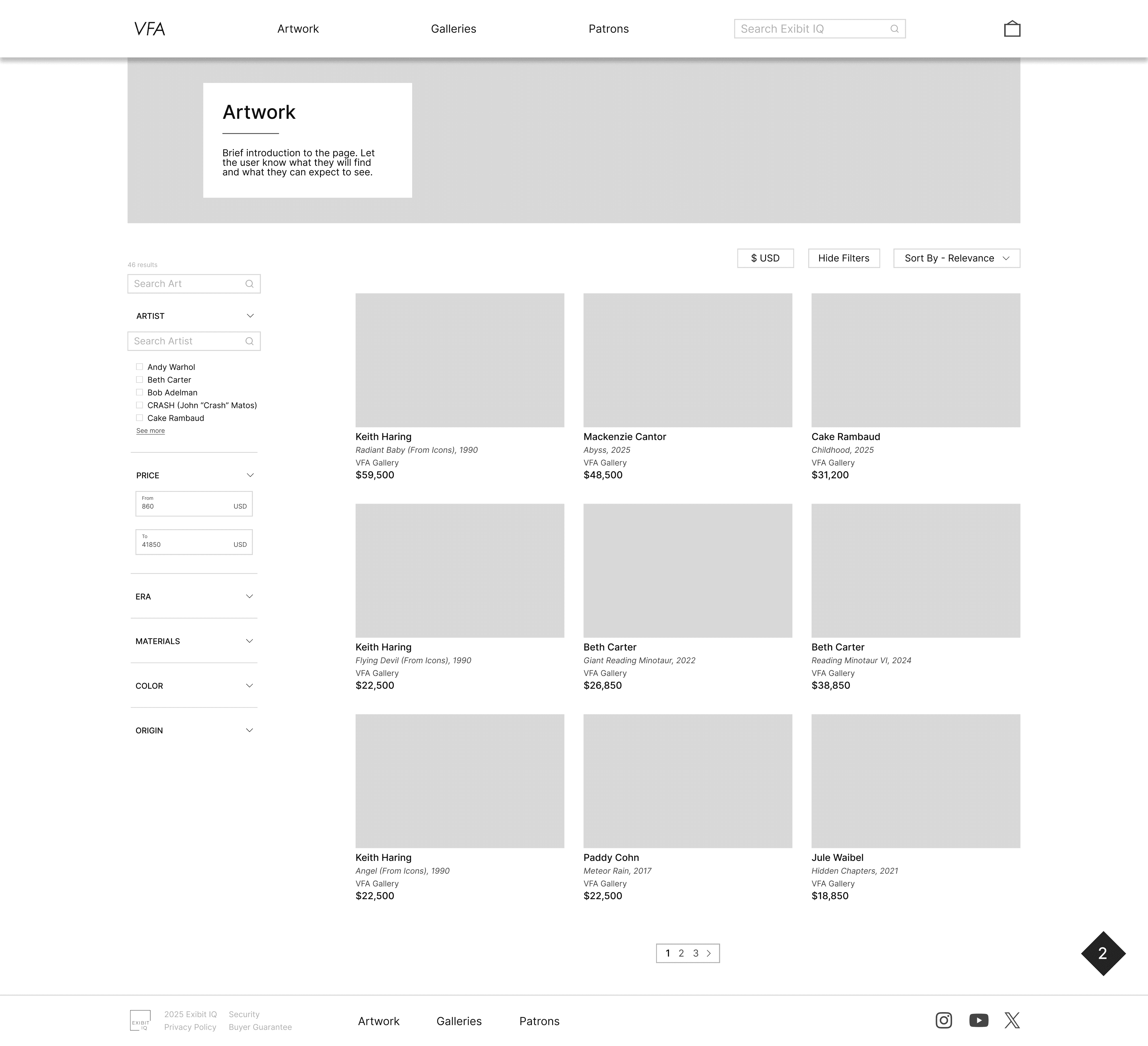 Desktop wireframe for artwork page
