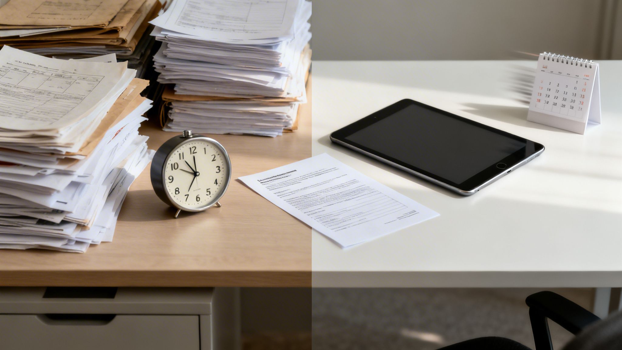 Skrivbord med pappershögar och väckarklocka bredvid ett rent skrivbord med surfplatta och kalender.